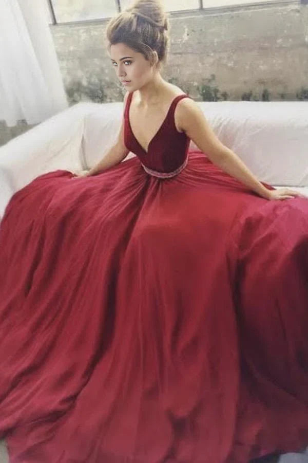 Vestidos de fiesta largos con escote en V y cuentas, corte A, vestidos formales